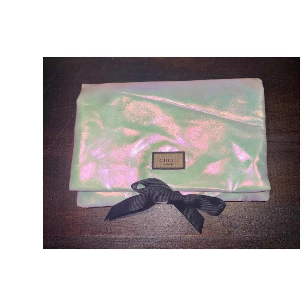 Gucci Beauty Iridescent Floral Makeup Pouch Green Pink Holographic Ribbon Clutch